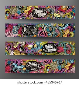 Cartoon colorful vector hand drawn doodles handmade corporate identity. 4 Horizontal banners design. Templates set