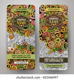 Cartoon colorful vector hand drawn doodles Japan food corporate identity. 2 vertical banners design. Templates set