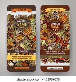 Cartoon colorful vector hand drawn doodles cafe corporate identity. 2 Vertical banners design. Templates set