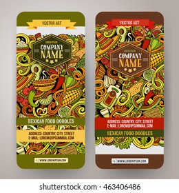 Cartoon colorful vector hand drawn doodles mexican cuisine corporate identity. 2 vertical banners design. Templates set