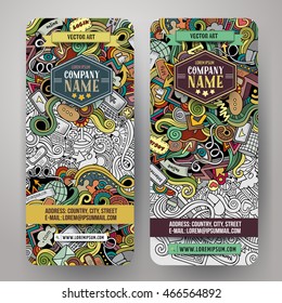 Cartoon colorful vector hand drawn doodles internet corporate identity. 2 vertical banners design. Templates set