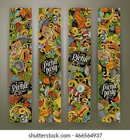 Cartoon colorful vector hand drawn doodles picnic theme corporate identity. 4 Vertical banners design. Templates set