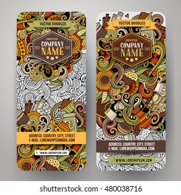 Cartoon colorful vector hand drawn doodles cafe corporate identity. 2 Vertical banners design. Templates set