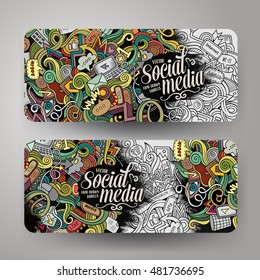 Cartoon colorful vector hand drawn doodles internet corporate identity. 2 Horizontal banners design. Templates set