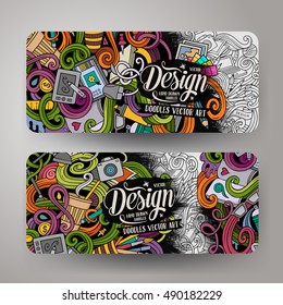 Cartoon colorful vector hand drawn doodles design artistic corporate identity. 2 horizontal banners design. Templates set