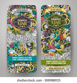 Cartoon colorful vector hand drawn doodles science corporate identity. 2 vertical banners design. Templates set