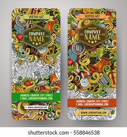 Cartoon colorful vector hand drawn doodles picnic theme corporate identity. 2 vertical banners design. Templates set