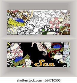 Cartoon colorful vector hand drawn doodles sea corporate identity. 2 horizontal banners design. Templates set