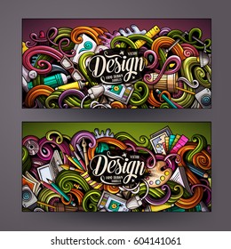 Cartoon colorful vector hand drawn doodles design artistic corporate identity. 2 Horizontal banners design. Templates set