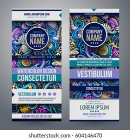 Cartoon colorful vector hand drawn doodles design Sea life corporate identity. 2 vertical banners design. Templates set