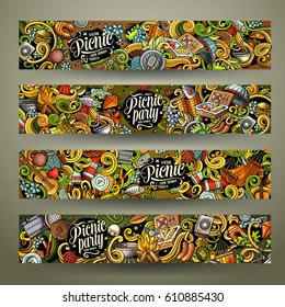Cartoon colorful vector hand drawn doodles picnic theme corporate identity. 4 Horizontal banners design. Templates set