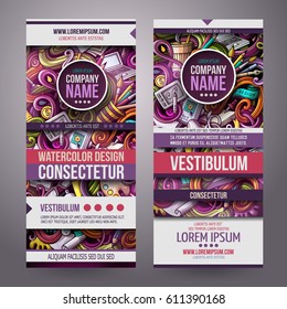 Cartoon colorful vector hand drawn doodles design artistic corporate identity. 2 vertical banners design. Templates set