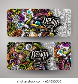 Cartoon colorful vector hand drawn doodles design artistic corporate identity. 2 Horizontal banners design. Templates set