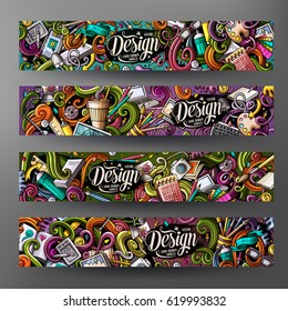 Cartoon colorful vector hand drawn doodles design artistic corporate identity. 4 Horizontal banners design. Templates set