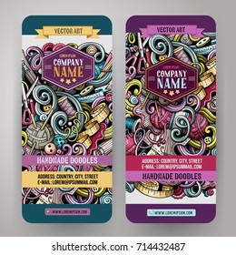 Cartoon colorful vector hand drawn doodles handmade corporate identity. 2 vertical banners design. Templates set