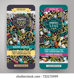 Cartoon colorful vector hand drawn doodles science corporate identity. 2 vertical banners design. Templates set