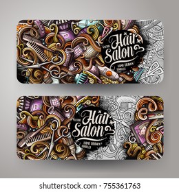 Cartoon colorful vector hand drawn doodles hair salon corporate identity. 2 horizontal banners design. Templates set
