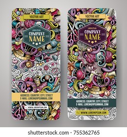 Cartoon colorful vector hand drawn doodles handmade corporate identity. 2 vertical banners design. Templates set
