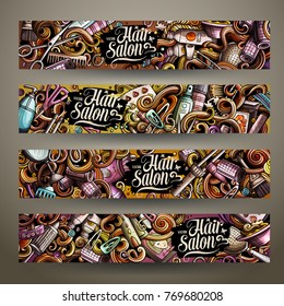 Cartoon colorful vector hand drawn doodles hair salon corporate identity. 4 horizontal banners design. Templates set