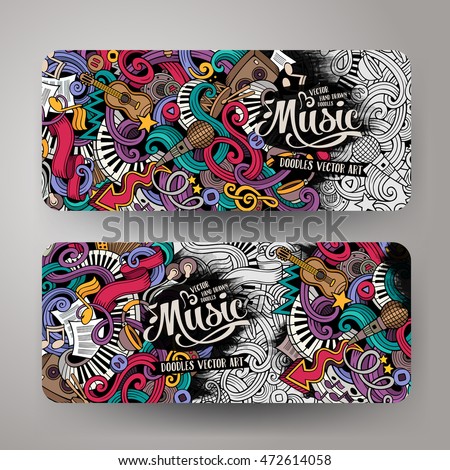 Cartoon colorful vector hand drawn doodles music corporate identity. 2 horizontal banners design. Templates set