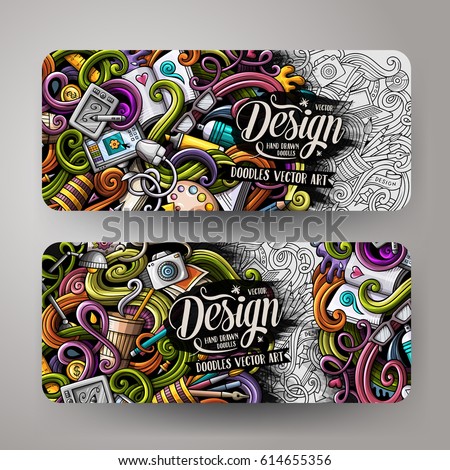 Cartoon colorful vector hand drawn doodles design artistic corporate identity. 2 Horizontal banners design. Templates set