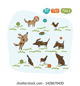 Cartoon colorful vector illustration. Cartoon dog collection, walk in the Park.