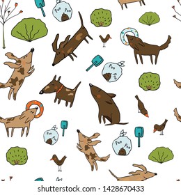 Cartoon colorful vector illustration. Cartoon dog collection, walk in the Park. Seamless pattern.