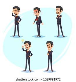 cartoon colorful vector illustration of a handsome young businessman in various poses Business man character design. Think, idea, tired, angry, confident worker boss manager. eps10