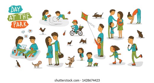 Cartoon colorful vector illustration. Various people at park performing leisure outdoor activities - playing with ball, walking dog, doing yoga and sports exercise, eating lunch. 