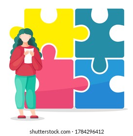 Cartoon colorful vector illustration of woman holding document or paper in hands at huge puzzle background. Sucess finish, solution of problem. Combine puzzle, find right business decision concept