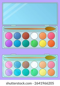 Cartoon colorful watercolor paint set with brushes, school art supplies for kids on purple background. For back to school stationery concept, education visual, educational theme, or classroom decor.