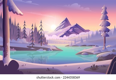 Cartoon colorful winter landscape with rocks, ice water and forest. Top view of snowy mountains, blue lake with frosty coast and pink night sky with clouds at sunset or sunrise. 