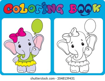 Cartoon coloring book. Baby elephant with a ball.