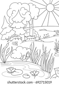 Cartoon coloring book black and white Nature. Glade in the forest with plants. Vector illustration
