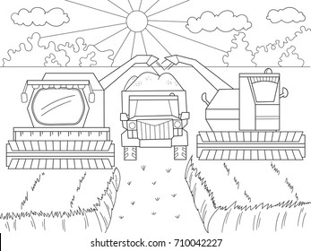 Cartoon, coloring book for children. Autumn harvesting of wheat. Agricultural machinery. Combine harvester and kamaz. Vector illustration of black and white.