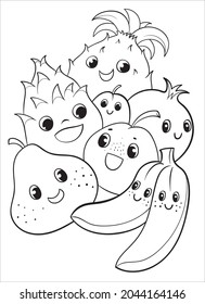 Cartoon coloring book for children. Cheerful fruits.