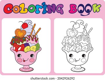 Cartoon coloring book for children. A fun dessert.