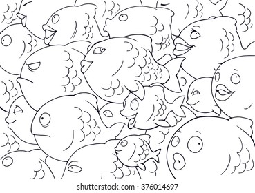 Cartoon coloring book doodle hand drawn illustration of funny sea fish family swimming together