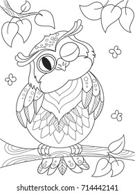 Cartoon coloring book. Funny owl on the tree. Black lines, white background. Vector illustration