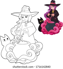 Cartoon Coloring Book - girl witch in front of a potion pot with black cat