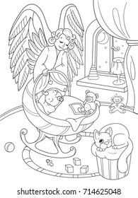 Cartoon, coloring book. The Guardian Angel protects the baby's sleep. Interior of a baby's room. Vector illustration