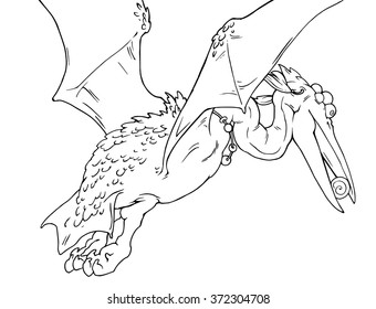 Cartoon coloring book hand drawn fantasy illustration of a pterodactyl carrying something in its beak