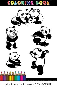 Cartoon coloring book illustrations. Funny panda kids.