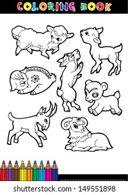 Cartoon coloring book page or coloring black and white sheep.