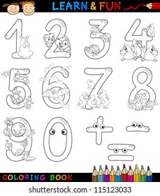 Cartoon Coloring Book or Page Illustration of Numbers Signs from Zero to Nine with Animals Characters for Children Education and Fun