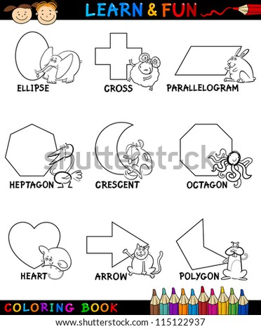 Cartoon Coloring Book or Page Illustration of Basic Geometric Shapes with Captions and Animals Comic Characters for Children Education