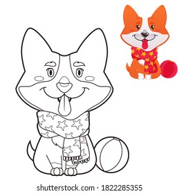 Cartoon Coloring Book - Red funny dog. A puppy in a scarf, with his tongue out and with a toy ball. Corgi. Year of the dog, chinese new year