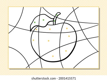 Cartoon coloring by dots for Kids. Printable worksheet. Apple