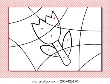 Cartoon coloring by dots for Kids. Printable worksheet. Cartoon tulip.