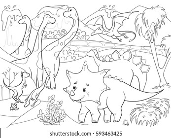 Cartoon Coloring for children dinosaurs in nature. Black and white vector illustration.